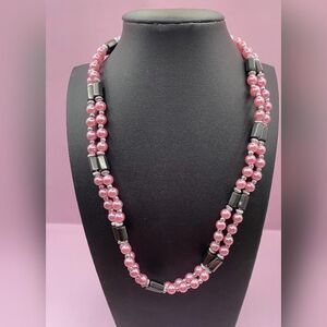 Pink Faux Pearl Hematite Tone Multi Strand Necklace Bracelet Beaded Magnetic